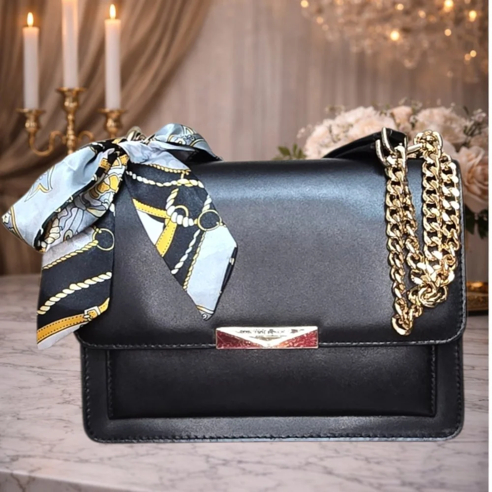 Michael Kors Black Leather Shoulder Bag w/ Gold Chain Strap + FREE Bag Scarf
